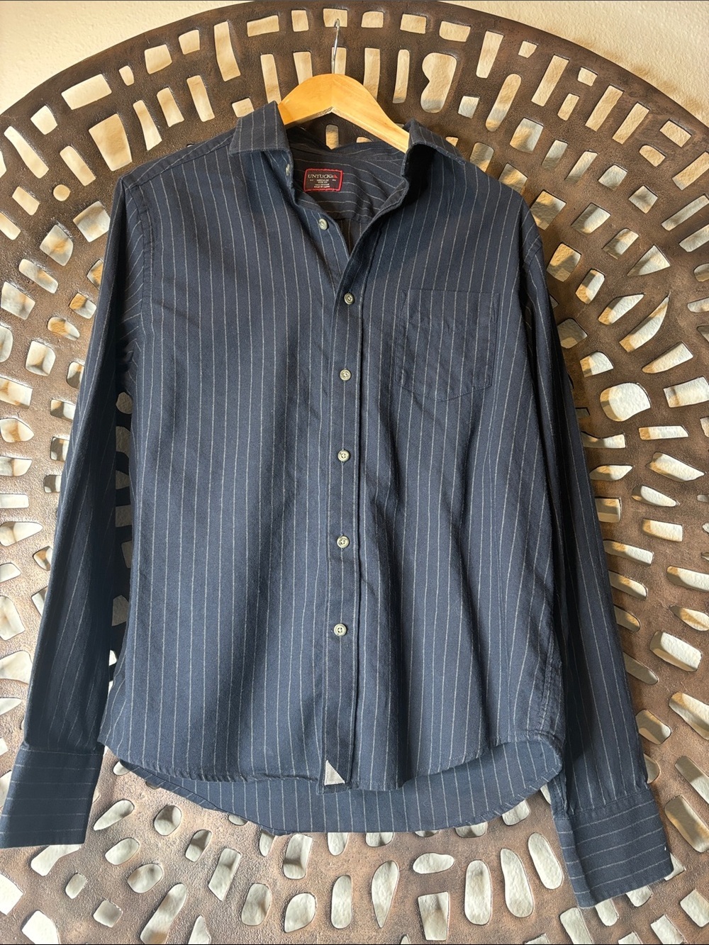 Classic Navy Pinstripe Long-Sleeve Men's Shirt slim fit untuckit cotton